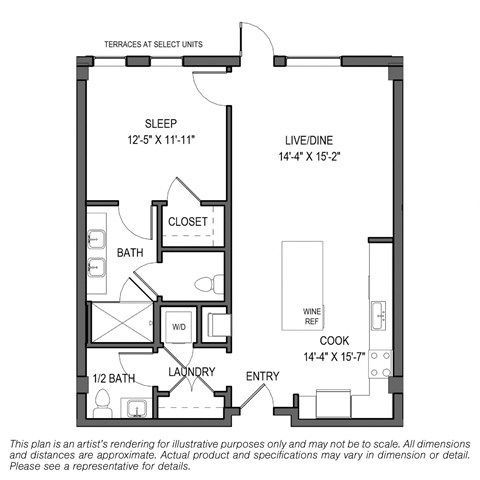 Floor plan for 1 bed, 1.5 baths, 888 sqft